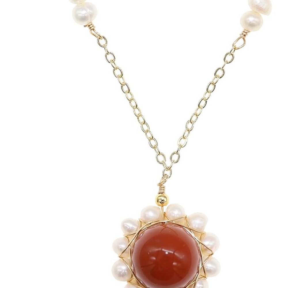VTG Handmade gold  Red Brown Cinnamon Agate Gemstone Necklace Freshwater Pearls